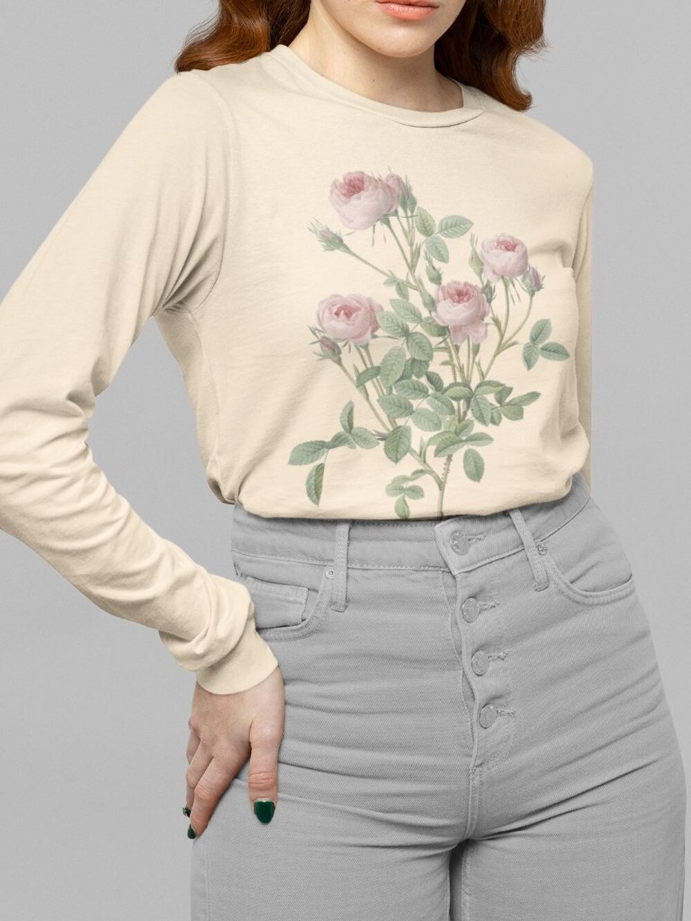 Rose Vintage Floral Print Long Sleeve Graphic Tee T-shirt S-XXL
